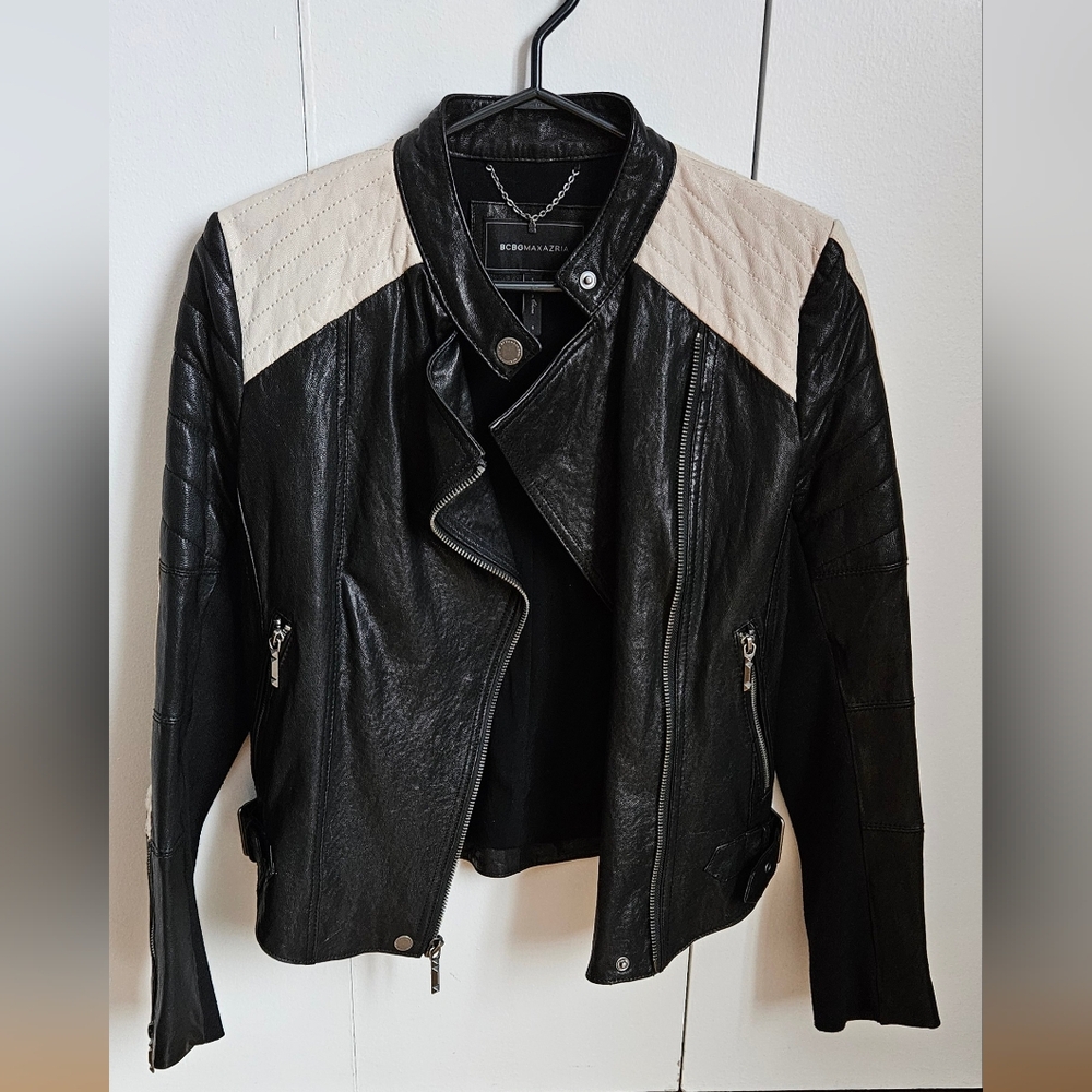 BCBGeneration Black and Cream Women's Leather Jacket